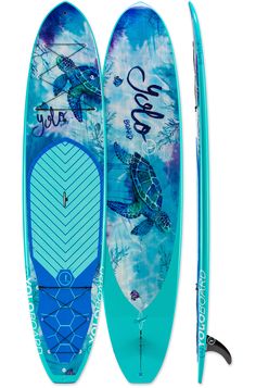 a blue surfboard with an image of a sea turtle on the front and bottom