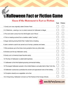 Elderly Halloween Activities, Halloween Party Games For Adults Free Printable, Fact Or Fiction Game Free Printable, Senior Center Halloween Party, Halloween Staff Games, Fact Or Fiction, Halloween Trivia Free Printable, Halloween Activities For High School, Halloween Games Free Printable