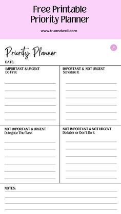 a printable priority planner with the text free printable priority planner