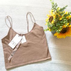 Zara Basic Strappy Cami/Tank Top Brown/Tan Color Ribbed Casual Brown Tops With Built-in Bra, Beige Spring Tank Top With Built-in Bra, Beige Tank Top With Built-in Bra For Spring, Brown Stretch Camisole For Summer, Stretch Brown Camisole For Summer, Brown Top With Built-in Bra For Spring, Brown Stretch Tank Top For Spring, Brown Cami Top For Spring, Spring Brown Stretch Tank Top