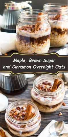 maple, brown sugar and cinnamon overnight oatmeal in jars with cinnamon sticks