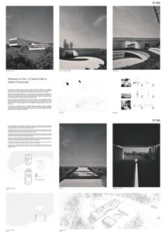 an architectural presentation is shown with black and white images, including several different sections of architecture