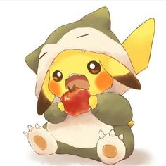 a cartoon pikachu holding an apple in its mouth while sitting on the ground