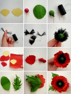 the process of making paper flowers is shown in many different stages, including petals and leaves