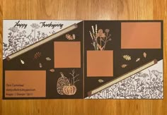 an orange and brown thanksgiving card with flowers, leaves, and pumpkins on it