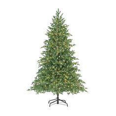 a christmas tree with white lights on it's base and black stand against a white background