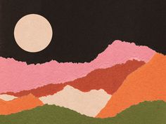 an abstract painting with mountains and a full moon