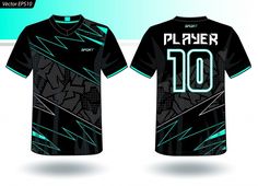 a black and blue soccer jersey with the number 10 on it, front and back views