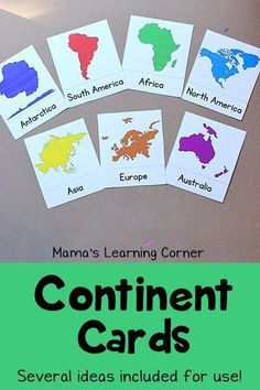 the front cover of a book with different colored images on it and text that reads,'mama's learning corner continent cards several ideas included for use