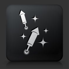 a black square button with white stars and an image of a rocket launching into space