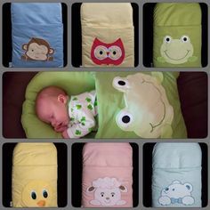 a collage of baby blankets with different animals on them, including an owl and frog