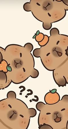 four brown teddy bears with oranges on their backs and one bear has its eyes closed