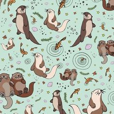 otters and fish on blue background with stars, circles and swirls in the sky