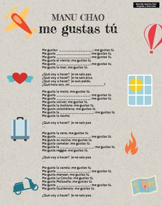 a poster with different types of things on it and the words manu chao me gustas ti