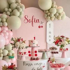 the dessert table is decorated with pink and white balloons