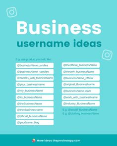 a blue and white poster with the words business username ideas on it's side