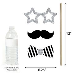 a water bottle and some stickers on a white background with the measurements for each item