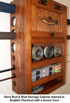 a wooden shelf with many different items on it