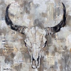 an abstract painting of a bull's skull with long horns