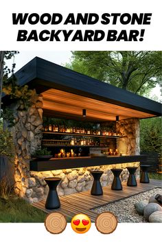 an advertisement for a backyard bar with rocks on the outside and lights at the top