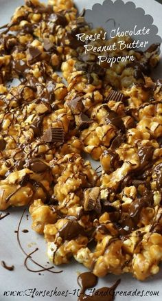 chocolate peanut butter popcorn on a white plate