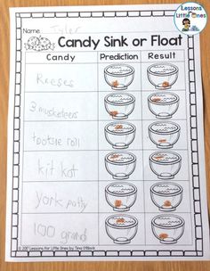 a candy sink or float worksheet for kids to practice their writing and spelling skills