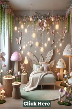 a bedroom decorated with fairy lights and flowers on the wall above the bed is a mushroom - like room