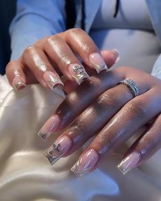 Silver Classy Nails, Square Builder Gel Nails, Silver Nails With Charms, Elegant Nails Coffin, Nude Nails With Black Design, Nude Nails With Diamonds, Nude Nails For Brown Skin, Nails With Black Design, Coffin Nude Nails