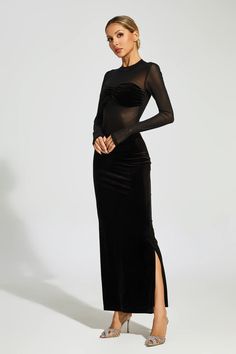 The Nydia Black Mesh Velvet Maxi Dress is a stunning addition to your wardrobe. Combining black mesh and velvet, this long-sleeved dress exudes elegance and allure. Perfect for autumn and winter, this bodycon dress enhances your curves while making you feel confident and sexy.  Dress Length: Approx 144cm Materials: Polyester Gentle Dry Clean Only  The model is 5 ft 7 and wears size S  Color may vary due to lighting on images. The product images (without a model) are closest to the true color of the product.  Item runs true to size chart and is cut to suit our size chart. Please refer to our size chart for the best fit. Do not size up or down. Velvet Maxi Dress, Velvet Maxi, Sleeved Dress, September 2024, Black Mesh, Product Images, Dresses Xs, Feel Confident, Autumn And Winter