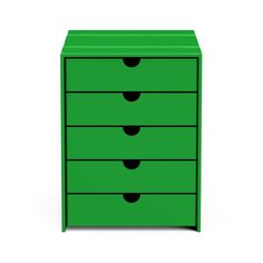 a green chest of drawers with black knobs on the top and bottom, against a white background