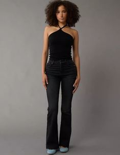 AE Next Level Curvy Super High-Waisted Flare Jean Black Bootcut Jeans Outfit, Black Flare Jeans Outfit, Bootcut Jeans Outfit, Flare Jeans Outfit, Black Flare Jeans, Black Bootcut Jeans, High Waisted Flare Jeans, Black Flare, High Waisted Flares