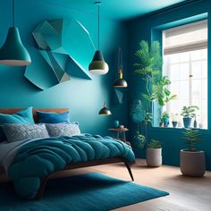 a bedroom painted in teal and blue with hanging plants on the wall above the bed