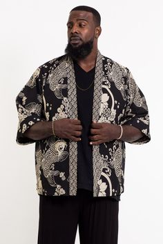 Kimono Cardigan Outfit, Kimono Jacket For Men, Cardigan Outfit Ideas, Koi Fish Print, Plus Size Harem Pants, Modern Kimono, Black Harem Pants, Traditional Japanese Kimono, Kimono Shirt