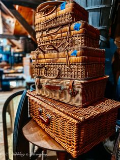 several wicker baskets stacked on top of each other