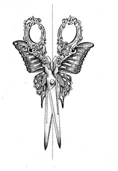 a pair of scissors with intricate designs on the handles and wings, as if they were cut in half