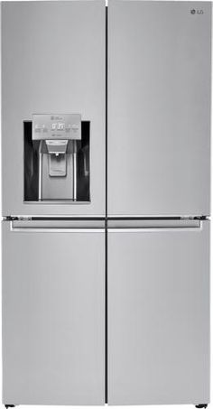 a stainless steel refrigerator freezer with water dispenser on the front and bottom