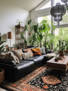 a living room filled with lots of plants next to a large window on top of a rug