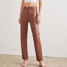 Nwot Aritzia Wilfred Cognac High Rise Vegan Leather Melina Pants. Size 10. High Rise, Straight Leg, Button/Zipper Closure, 5 Pocket Style. Approximate Lay Flat Measurement’s Waist 16” Rise 12” Inseam 28” Leg Opening 7” Smoke And Pet Free Environment Offers Welcomed N Wilfred Melina Pant, Leather Pants Style, Melina Pants, Melina Pant, Brown Leather Pants, Vegan Leather Pants, Aritzia Pants, Leather Pant, Aritzia Wilfred