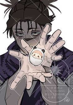 an anime character holding a ball with his hands in front of him and looking at the camera