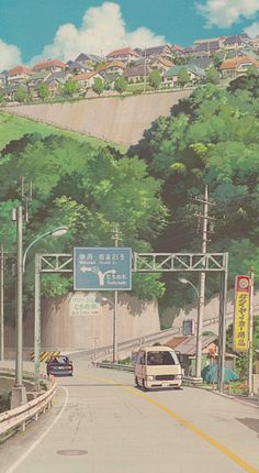 an anime scene with cars driving down the road