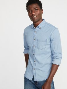 Slim-Fit Built-In Flex Chambray Everyday Shirt for Men | Old Navy Chose Outfit, Fall Family Photos, Fall Family, Light Blue Denim, Perfect Shirt, Jack Jones, Denim Button Up