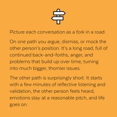 an orange background with the words, picture each conversation as fork in a road