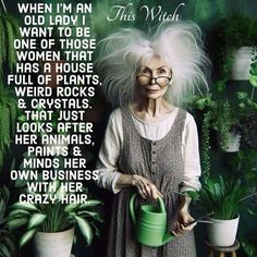 a woman with white hair and glasses holding a watering can