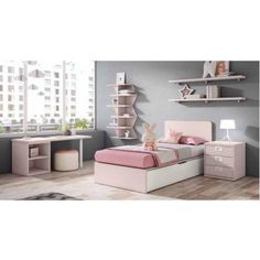 a bedroom with gray walls and pink furniture