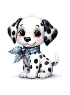 a dalmatian puppy with a blue bow on it's collar sitting down