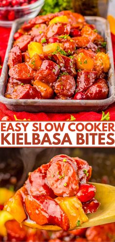 this is an easy slow cooker kielbasa bites recipe with pineapples and cranberry sauce