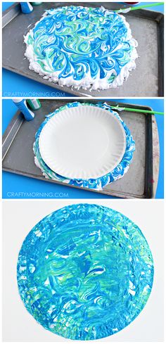 the process to make a paper plate with blue and white swirls