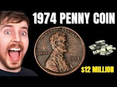 a man with his mouth open next to a penny and stacks of $ 12 million dollars