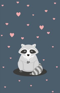 a raccoon is sitting on the ground with hearts in the sky behind it