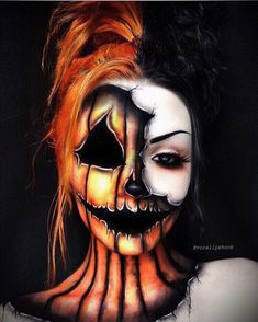 Pumpkin makeup   (@vocallyshook) on Instagram: “✖️🎃PUMPKINS SCREAM🎃✖️ • 3/31 Inspo: @amynicolemakeup / Found her pumpkin makeup on google and…” Make Up Guide, Co Washing, Body Painting Art, Holloween Makeup, Creepy Halloween Makeup, Cute Halloween Makeup, Scream Halloween